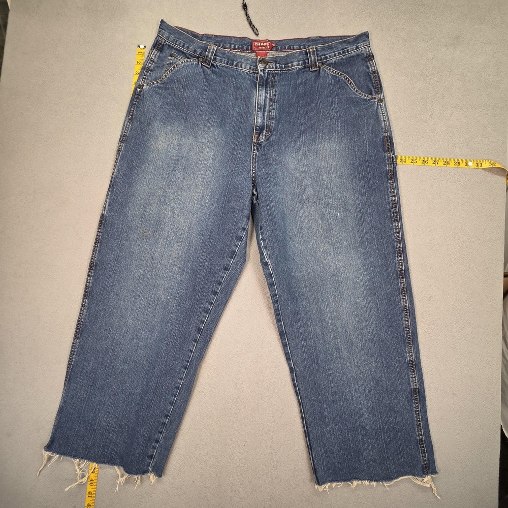 Chaps Denim Jeans Mens 40x27‎ Blue Carpenter Relaxed Straight Raw Hem Distressed
